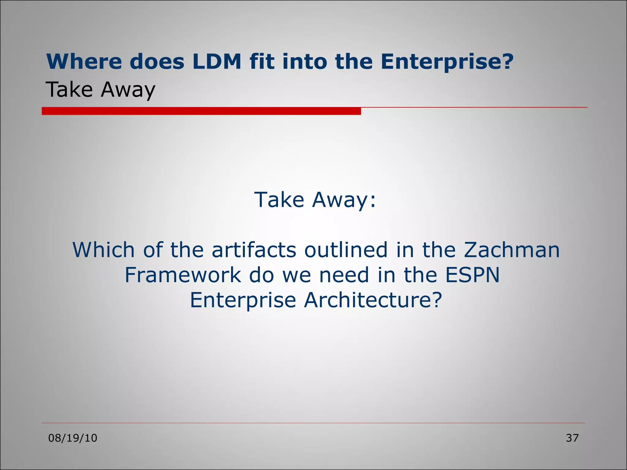 Where does LDM fit into the Enterprise?   Take Away 08/19/10 Take Away: Which of the artifacts outlined in the Zachman Framework do we need in the ESPN  Enterprise Architecture? 