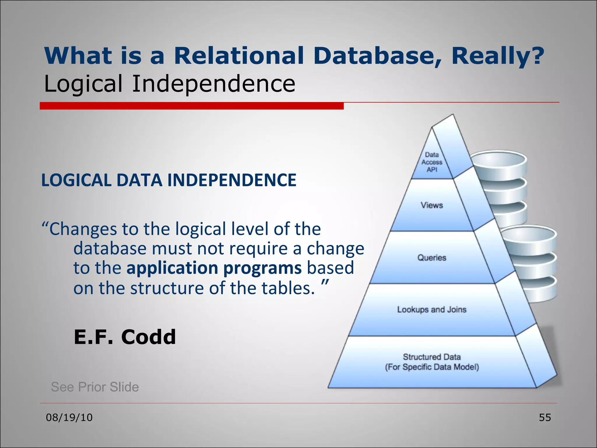 LOGICAL DATA INDEPENDENCE “ Changes to the logical level of the database must not require a change to the  application programs  based on the structure of the tables.  ” E.F. Codd 08/19/10 What is a Relational Database, Really? Logical Independence See Prior Slide 
