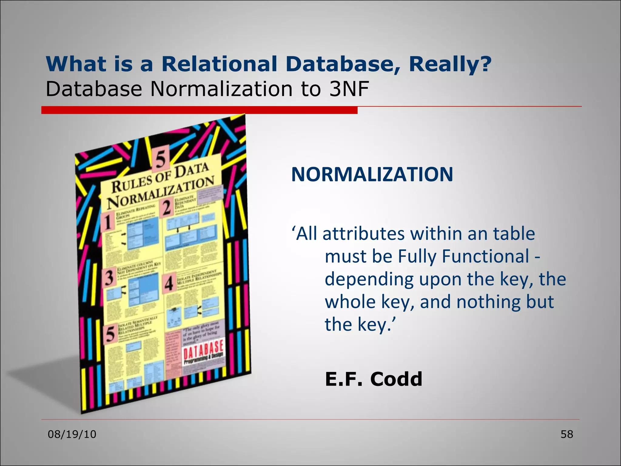NORMALIZATION ‘ All attributes within an table must be Fully Functional - depending upon the key, the whole key, and nothing but the key.’ E.F. Codd 08/19/10 What is a Relational Database, Really? Database Normalization to 3NF 