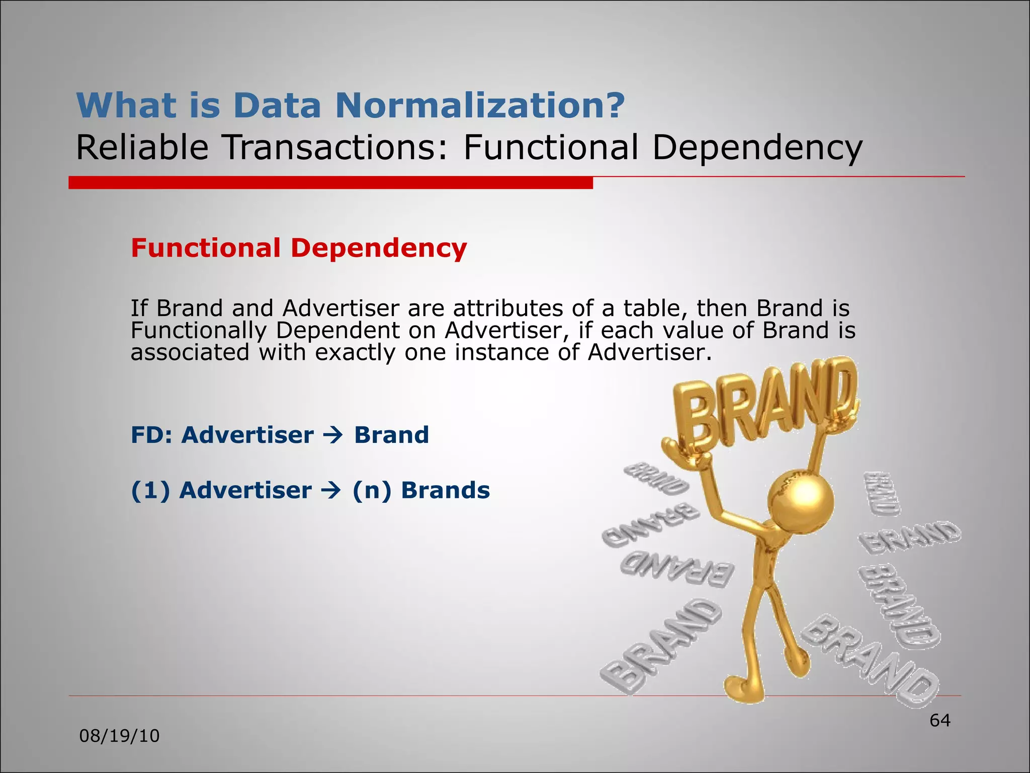 What is Data Normalization? Reliable Transactions: Functional Dependency 08/19/10 Functional Dependency If Brand and Advertiser are attributes of a table, then Brand is Functionally Dependent on Advertiser, if each value of Brand is associated with exactly one instance of Advertiser. FD: Advertiser    Brand (1)   Advertiser    (n) Brands 