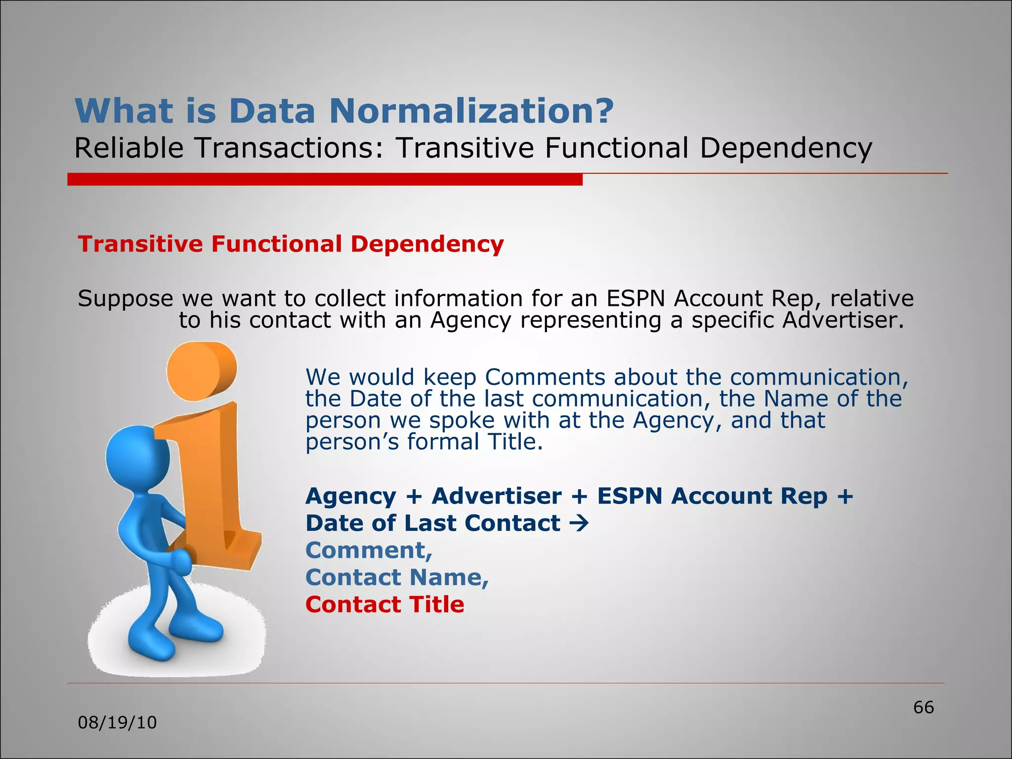 08/19/10 Transitive Functional Dependency Suppose we want to collect information for an ESPN Account Rep, relative  to his contact with an Agency representing a specific Advertiser. We would keep Comments about the communication, the Date of the last communication, the Name of the person we spoke with at the Agency, and that person’s formal Title. Agency + Advertiser + ESPN Account Rep +  Date of Last Contact   Comment, Contact Name, Contact Title What is Data Normalization? Reliable Transactions: Transitive Functional Dependency 