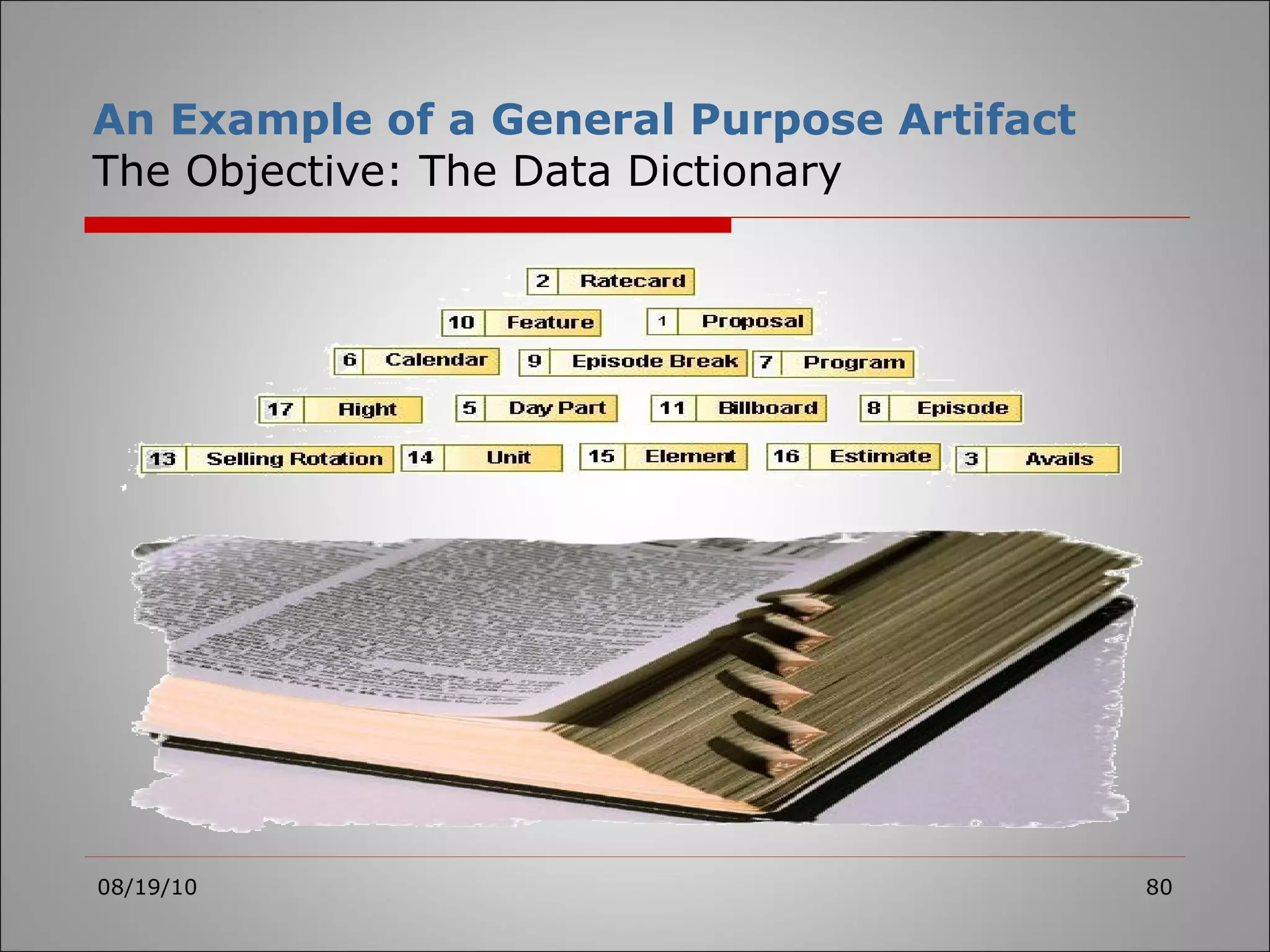 An Example of a General Purpose Artifact The Objective: The Data Dictionary 08/19/10 