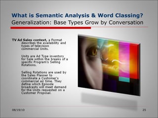 What is Semantic Analysis & Word Classing?   Generalization: Base Types Grow by Conversation 08/19/10 