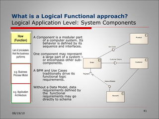 What is a Logical Functional approach? Logical Application Level: System Components A  Component  is a modular part of a computer system. Its behavior is defined by its sequence and interfaces.  One component may represent a large part of a system – or encompass other sub-components. A BPM and Use Cases traditionally drive its functional logic requirements. Without a Data Model, data requirements defined by the  functional requirements may go directly to schema 08/19/10 