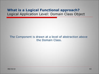 What is a Logical Functional approach? Logical Application Level: Domain Class Object 08/19/10 The Component is drawn at a level of abstraction above  the Domain Class. 