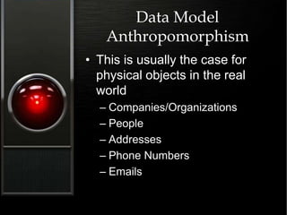 Data Model
Anthropomorphism
• This is usually the case for
physical objects in the real
world
– Companies/Organizations
– People
– Addresses
– Phone Numbers
– Emails
 