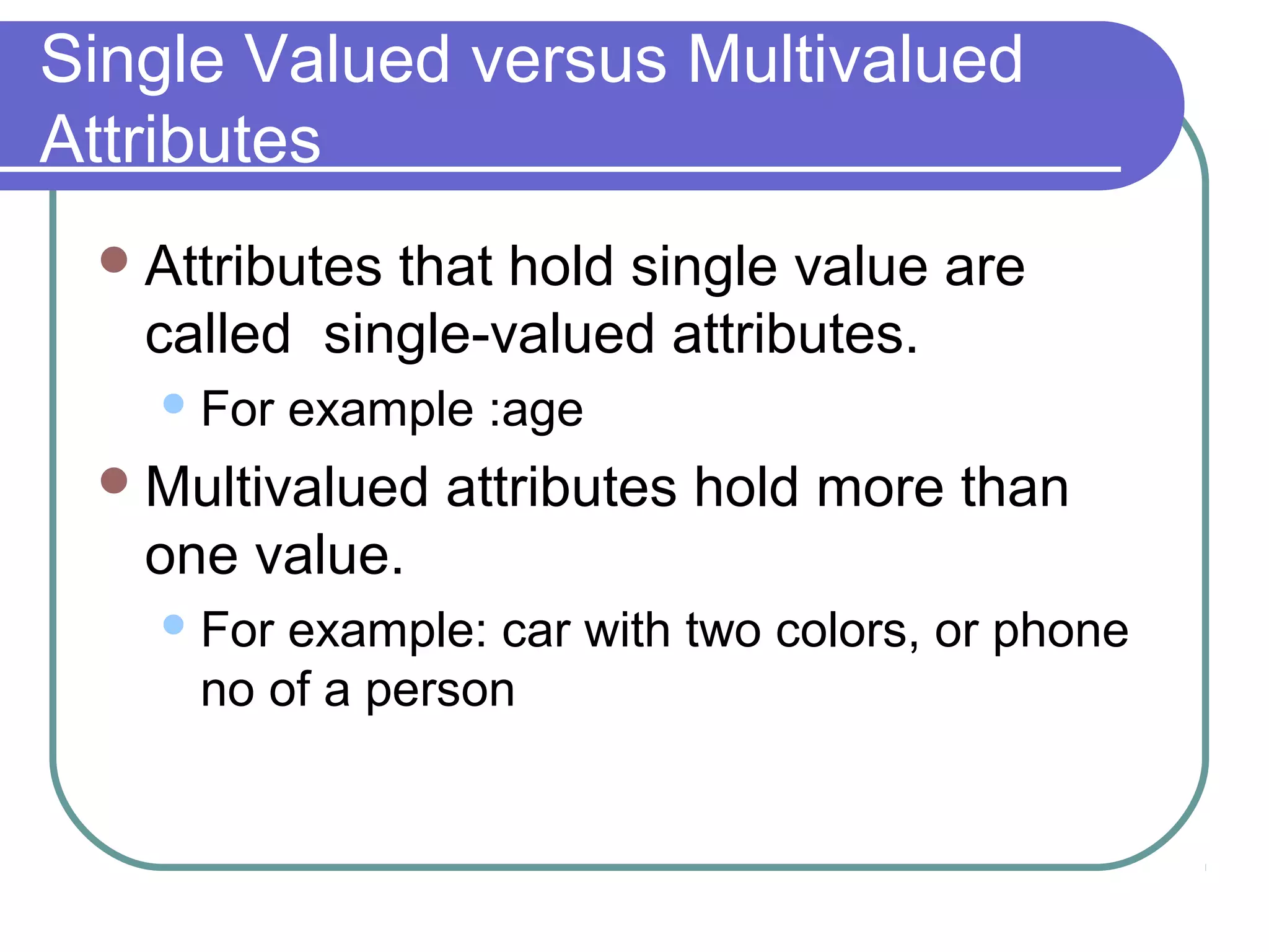 Single Valued versus Multivalued
Attributes
Attributes that hold single value are
called single-valued attributes.
For example :age
Multivalued attributes hold more than
one value.
For example: car with two colors, or phone
no of a person
 
