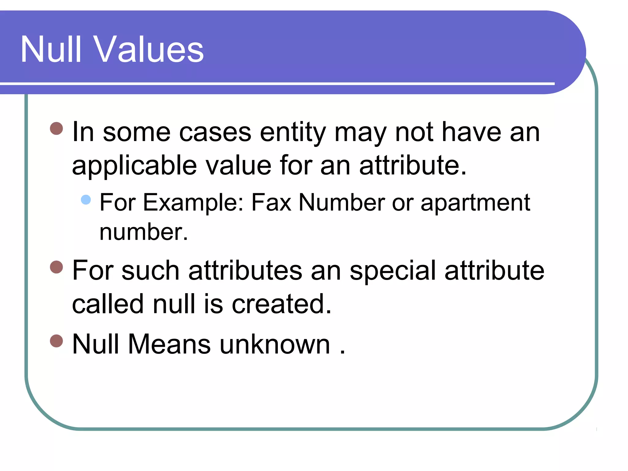 Null Values
In some cases entity may not have an
applicable value for an attribute.
For Example: Fax Number or apartment
number.
For such attributes an special attribute
called null is created.
Null Means unknown .
 