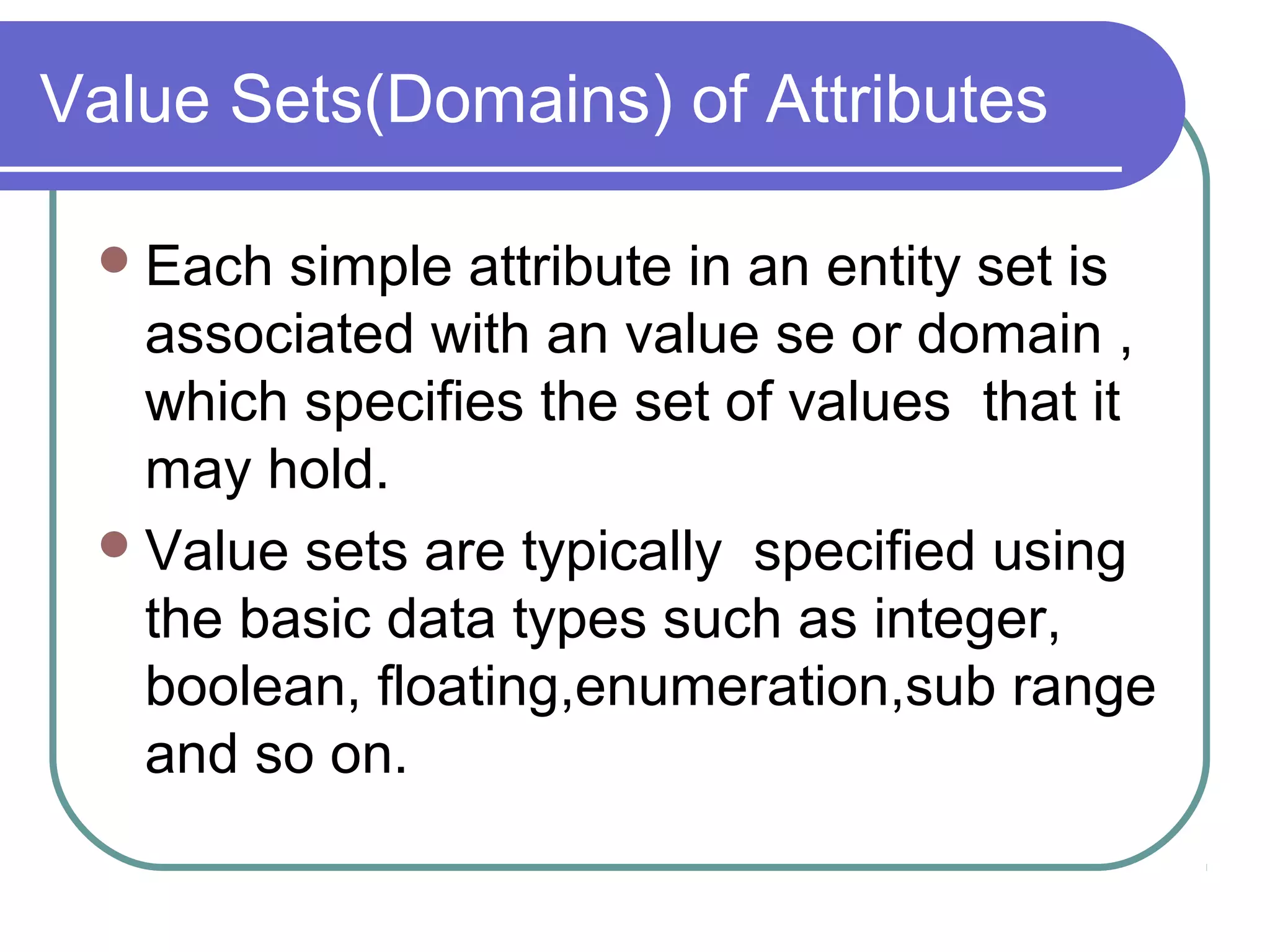 Value Sets(Domains) of Attributes
Each simple attribute in an entity set is
associated with an value se or domain ,
which specifies the set of values that it
may hold.
Value sets are typically specified using
the basic data types such as integer,
boolean, floating,enumeration,sub range
and so on.
 