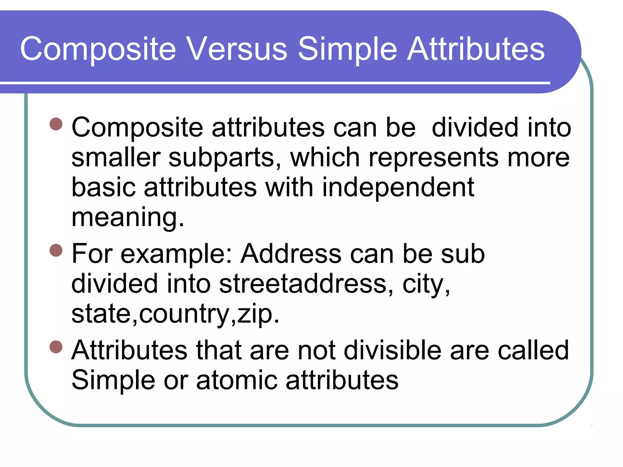Composite Versus Simple Attributes
Composite attributes can be divided into
smaller subparts, which represents more
basic attributes with independent
meaning.
For example: Address can be sub
divided into streetaddress, city,
state,country,zip.
Attributes that are not divisible are called
Simple or atomic attributes
 