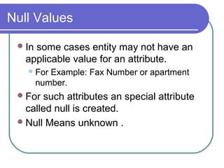 Null Values
In some cases entity may not have an
applicable value for an attribute.
For Example: Fax Number or apartment
number.
For such attributes an special attribute
called null is created.
Null Means unknown .
 
