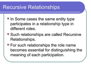 Recursive Relationships
In Some cases the same entity type
participates in a relationship type in
different roles.
Such relationships are called Recursive
Relationships.
For such relationships the role name
becomes essential for distinguishing the
meaning of each participation.
 