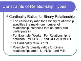 Constraints of Relationship Types
Cardinality Ratios for Binary Relationship
The cardinality ratio for a binary relationship
specifies the maximum number of
relationship instances that an entity can
participate in.
For Example: Works _For Relationship is
between EMPLOYEE and DEPARTMENT
Its Cardinality ratio is 1:N
Possible Cardinality ratios for binary
relationships are 1:1,1:N,N:1,and M:N.
 