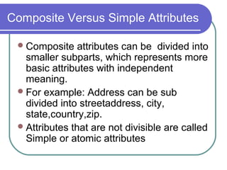 Composite Versus Simple Attributes
Composite attributes can be divided into
smaller subparts, which represents more
basic attributes with independent
meaning.
For example: Address can be sub
divided into streetaddress, city,
state,country,zip.
Attributes that are not divisible are called
Simple or atomic attributes
 