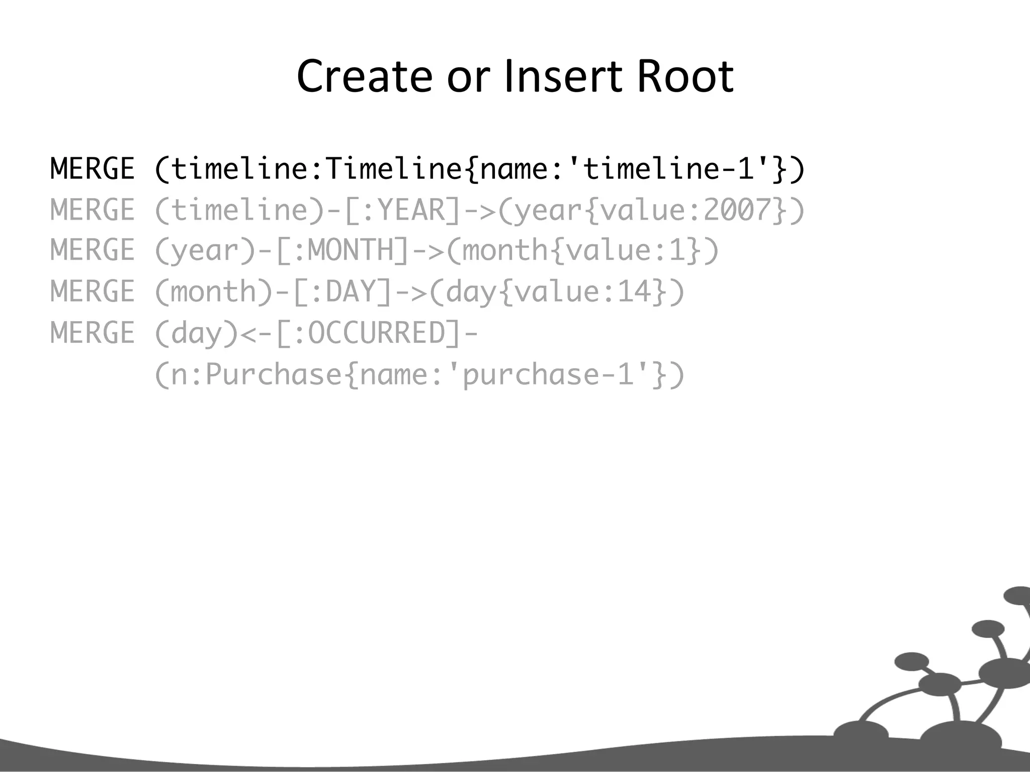 Create  or  Insert  Root   MERGE (timeline:Timeline{name:'timeline-1'}) MERGE (timeline)-[:YEAR]->(year{value:2007}) MERGE (year)-[:MONTH]->(month{value:1}) MERGE (month)-[:DAY]->(day{value:14}) MERGE (day)<-[:OCCURRED]- (n:Purchase{name:'purchase-1'}) 