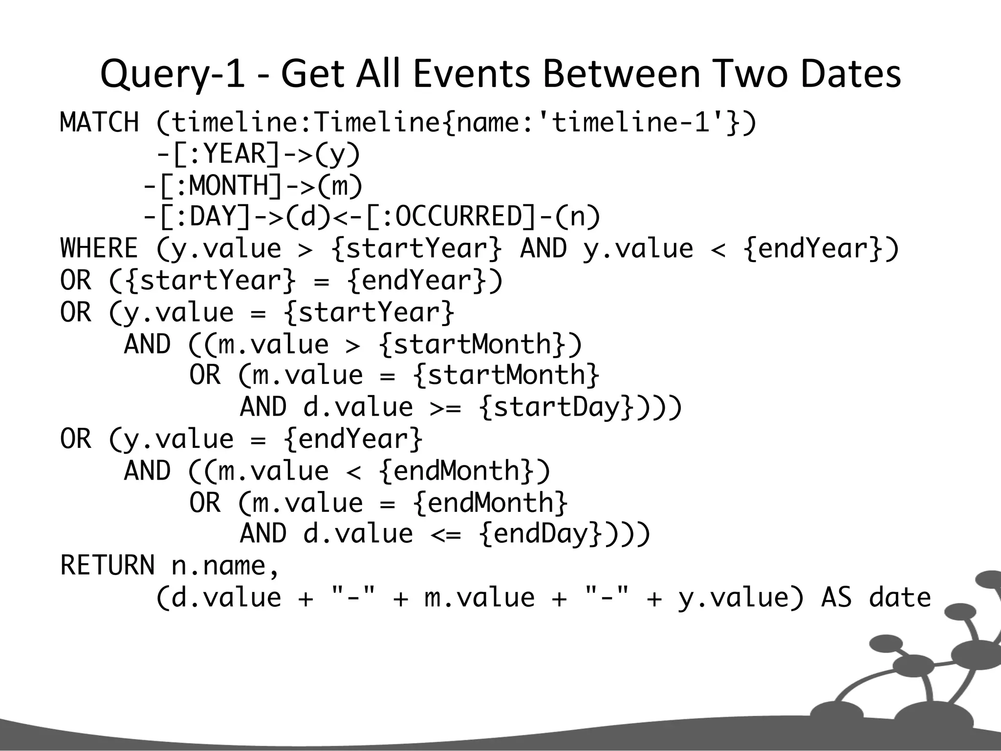 Query-­‐1  -­‐  Get  All  Events  Between  Two  Dates   MATCH (timeline:Timeline{name:'timeline-1'}) -[:YEAR]->(y) -[:MONTH]->(m) -[:DAY]->(d)<-[:OCCURRED]-(n) WHERE (y.value > {startYear} AND y.value < {endYear}) OR ({startYear} = {endYear}) OR (y.value = {startYear} AND ((m.value > {startMonth}) OR (m.value = {startMonth} AND d.value >= {startDay}))) OR (y.value = {endYear} AND ((m.value < {endMonth}) OR (m.value = {endMonth} AND d.value <= {endDay}))) RETURN n.name, (d.value + "-" + m.value + "-" + y.value) AS date 