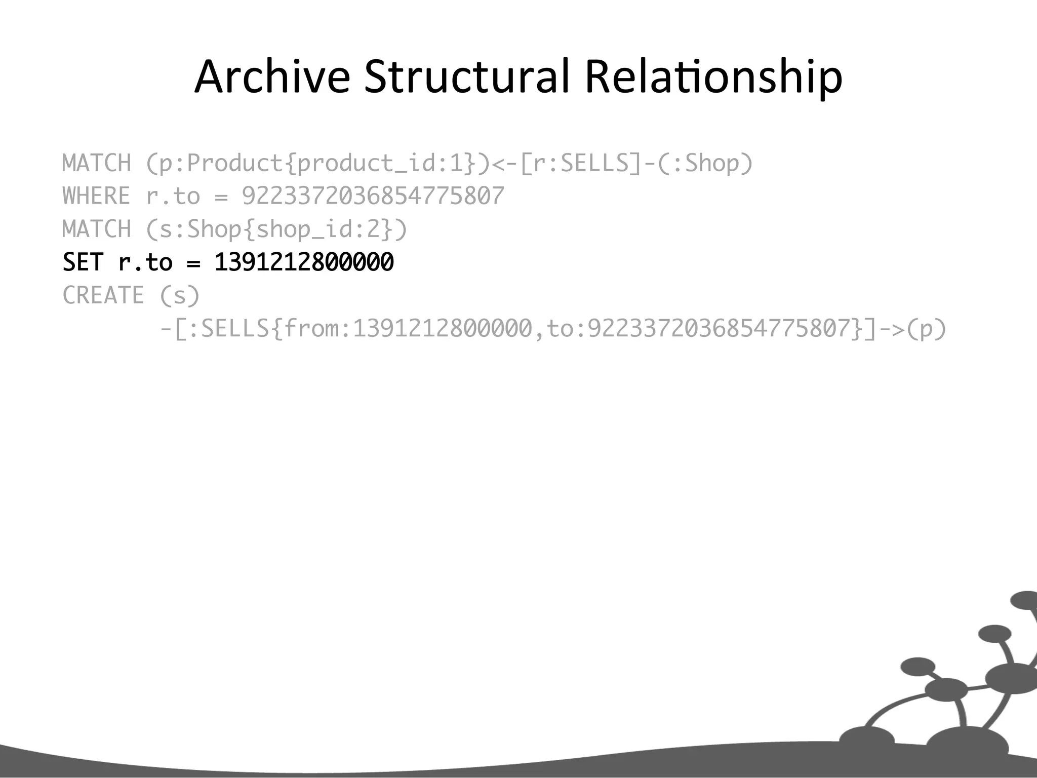 Archive  Structural  RelaJonship   MATCH (p:Product{product_id:1})<-[r:SELLS]-(:Shop) WHERE r.to = 9223372036854775807 MATCH (s:Shop{shop_id:2}) SET r.to = 1391212800000 CREATE (s) -[:SELLS{from:1391212800000,to:9223372036854775807}]->(p) 