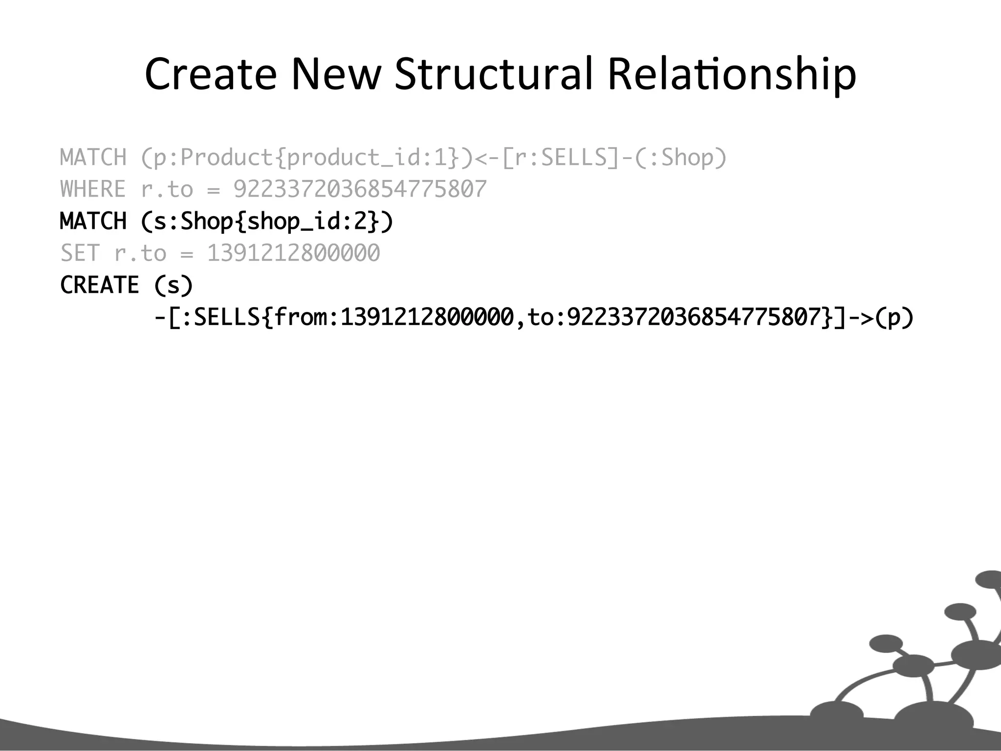 Create  New  Structural  RelaJonship   MATCH (p:Product{product_id:1})<-[r:SELLS]-(:Shop) WHERE r.to = 9223372036854775807 MATCH (s:Shop{shop_id:2}) SET r.to = 1391212800000 CREATE (s) -[:SELLS{from:1391212800000,to:9223372036854775807}]->(p) 
