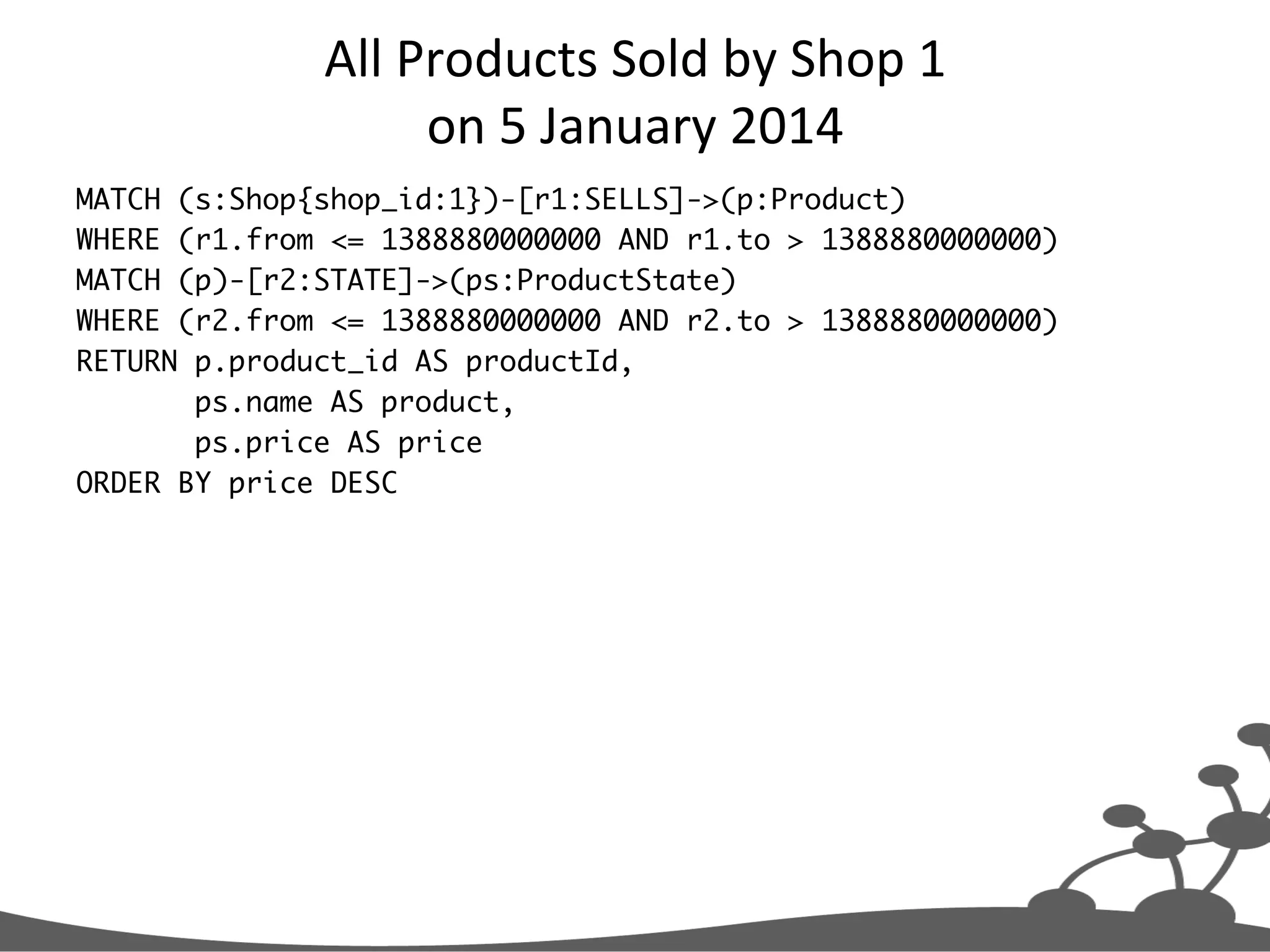 All  Products  Sold  by  Shop  1     on  5  January  2014     MATCH (s:Shop{shop_id:1})-[r1:SELLS]->(p:Product) WHERE (r1.from <= 1388880000000 AND r1.to > 1388880000000) MATCH (p)-[r2:STATE]->(ps:ProductState) WHERE (r2.from <= 1388880000000 AND r2.to > 1388880000000) RETURN p.product_id AS productId, ps.name AS product, ps.price AS price ORDER BY price DESC 