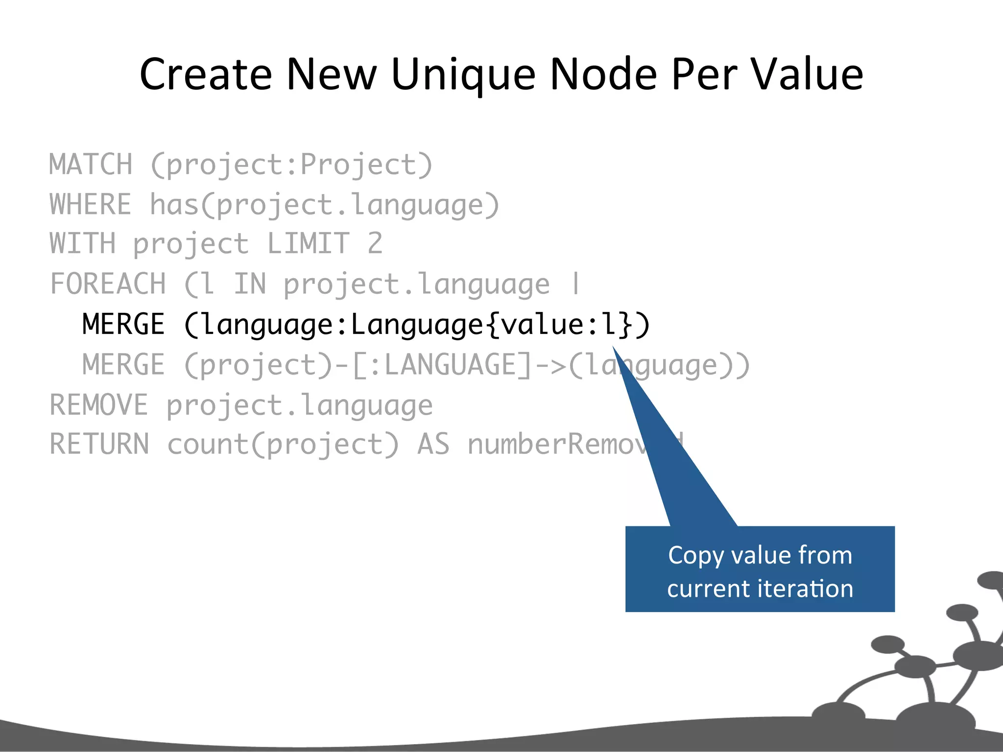 Create  New  Unique  Node  Per  Value   MATCH (project:Project) WHERE has(project.language) WITH project LIMIT 2 FOREACH (l IN project.language | MERGE (language:Language{value:l}) MERGE (project)-[:LANGUAGE]->(language)) REMOVE project.language RETURN count(project) AS numberRemoved Copy  value  from   current  iteraJon   
