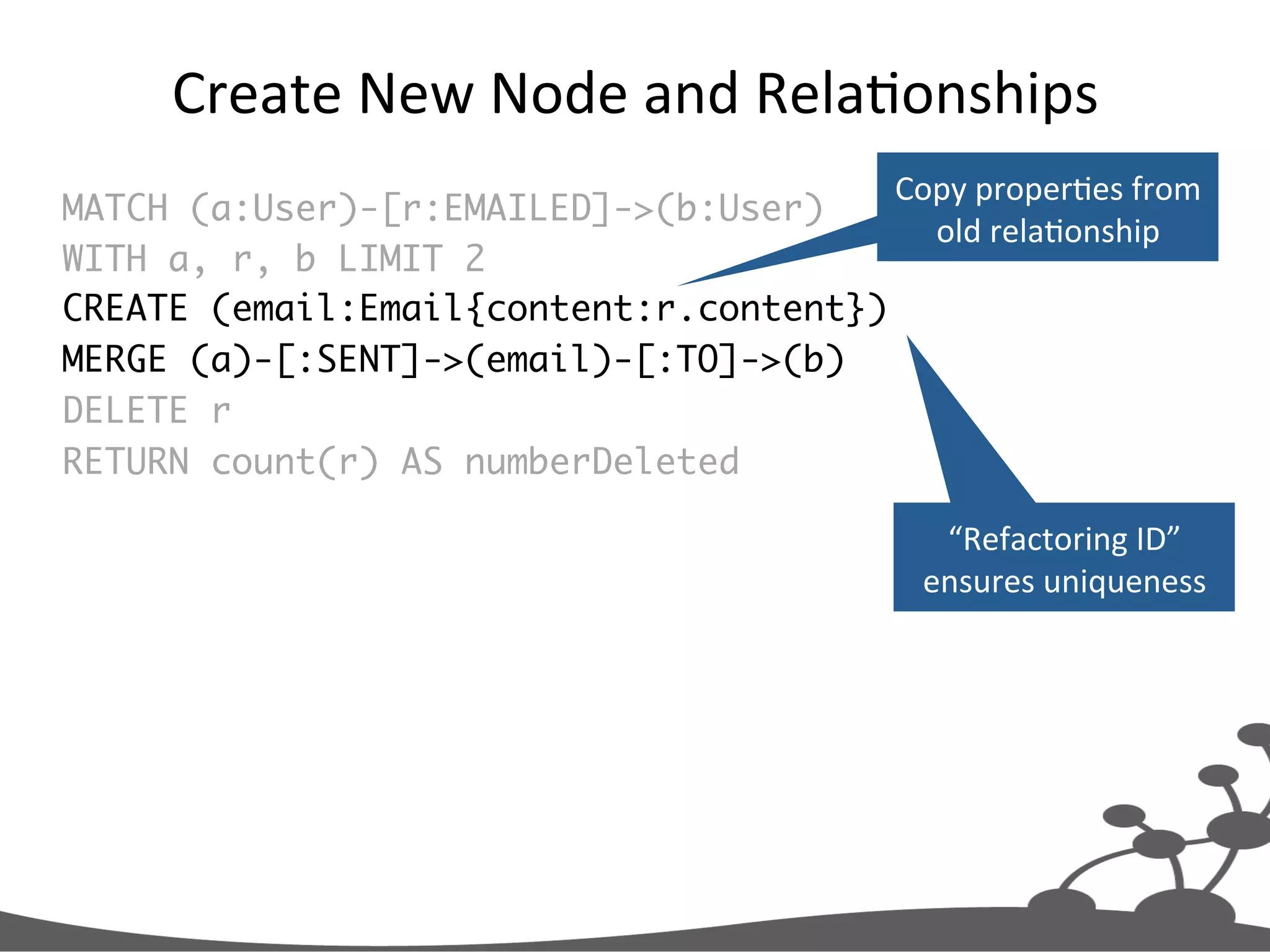 Create  New  Node  and  RelaJonships   MATCH (a:User)-[r:EMAILED]->(b:User) WITH a, r, b LIMIT 2 CREATE (email:Email{content:r.content}) MERGE (a)-[:SENT]->(email)-[:TO]->(b) DELETE r RETURN count(r) AS numberDeleted “Refactoring  ID”   ensures  uniqueness   Copy  properJes  from   old  relaJonship   