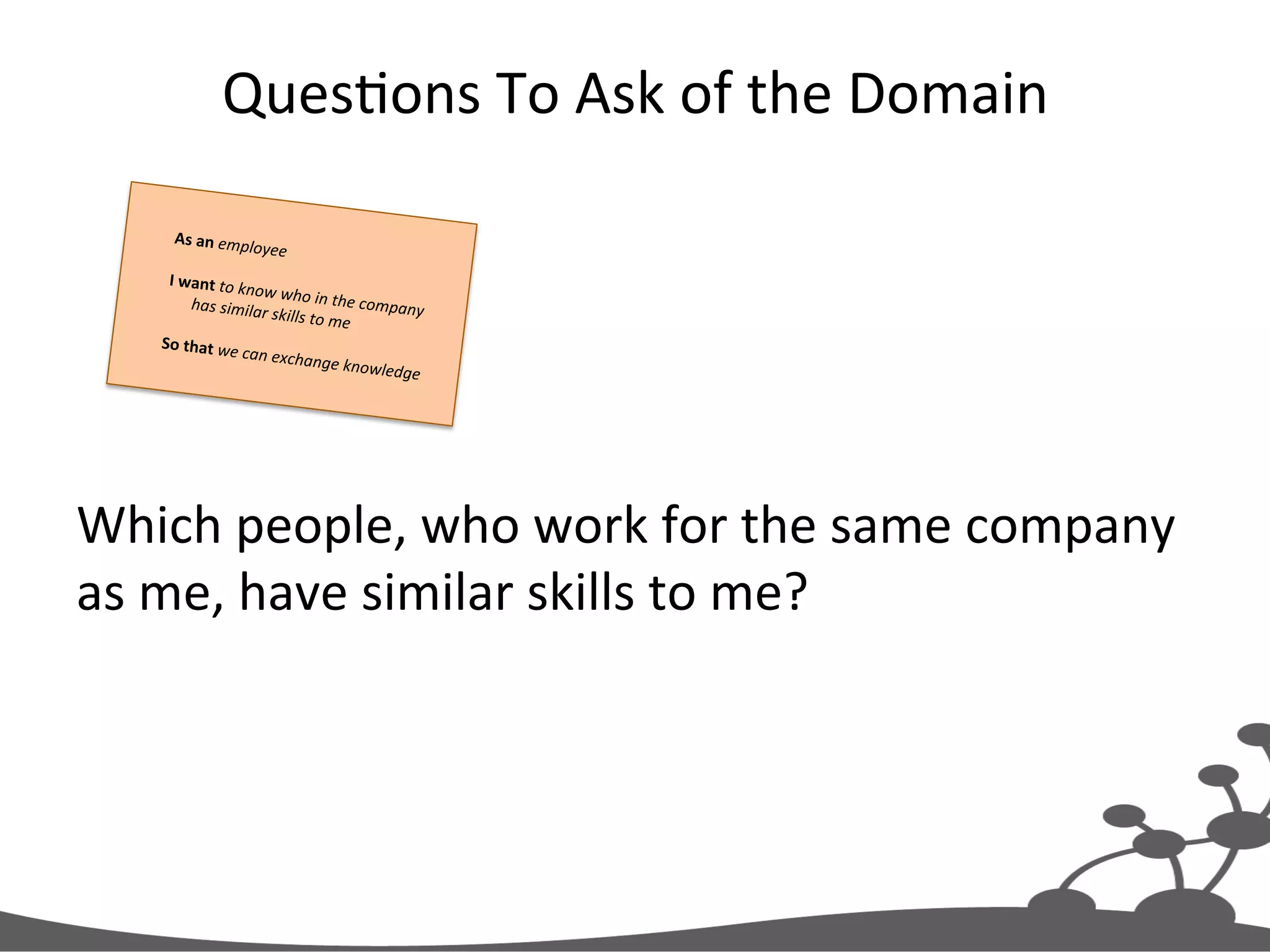 QuesJons  To  Ask  of  the  Domain   Which  people,  who  work  for  the  same  company   as  me,  have  similar  skills  to  me?   As  an  employee     I  want  to  know  who  in  the  company  has  similar  skills  to  me     So  that  we  can  exchange  knowledge   