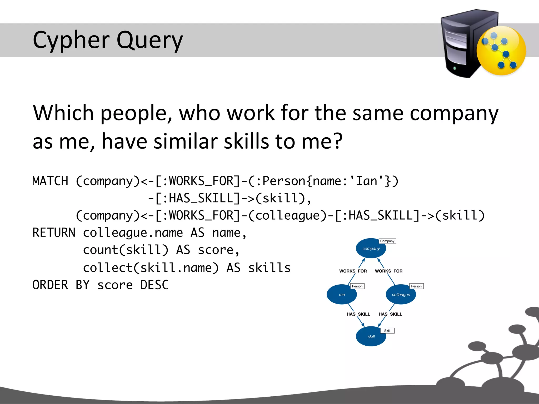 Cypher  Query   Which  people,  who  work  for  the  same  company   as  me,  have  similar  skills  to  me?   MATCH (company)<-[:WORKS_FOR]-(:Person{name:'Ian'}) -[:HAS_SKILL]->(skill), (company)<-[:WORKS_FOR]-(colleague)-[:HAS_SKILL]->(skill) RETURN colleague.name AS name, count(skill) AS score, collect(skill.name) AS skills ORDER BY score DESC 