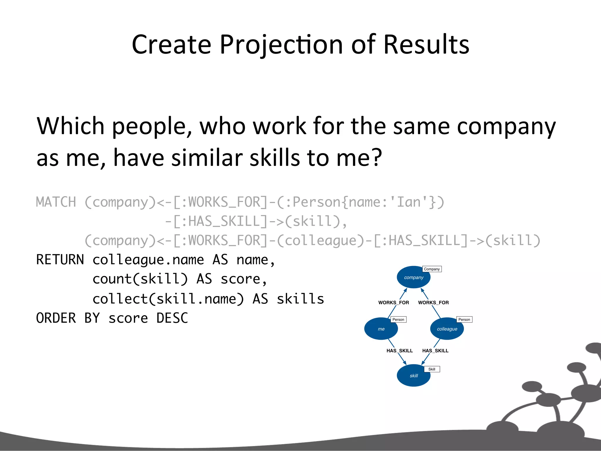 Create  ProjecJon  of  Results   Which  people,  who  work  for  the  same  company   as  me,  have  similar  skills  to  me?   MATCH (company)<-[:WORKS_FOR]-(:Person{name:'Ian'}) -[:HAS_SKILL]->(skill), (company)<-[:WORKS_FOR]-(colleague)-[:HAS_SKILL]->(skill) RETURN colleague.name AS name, count(skill) AS score, collect(skill.name) AS skills ORDER BY score DESC 