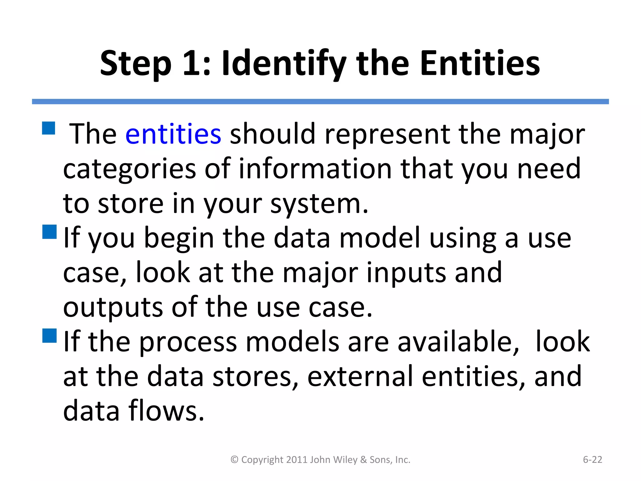 Step 1: Identify the Entities
 The entities should represent the major
categories of information that you need
to store in your system.
If you begin the data model using a use
case, look at the major inputs and
outputs of the use case.
If the process models are available, look
at the data stores, external entities, and
data flows.
© Copyright 2011 John Wiley & Sons, Inc. 6-22
 