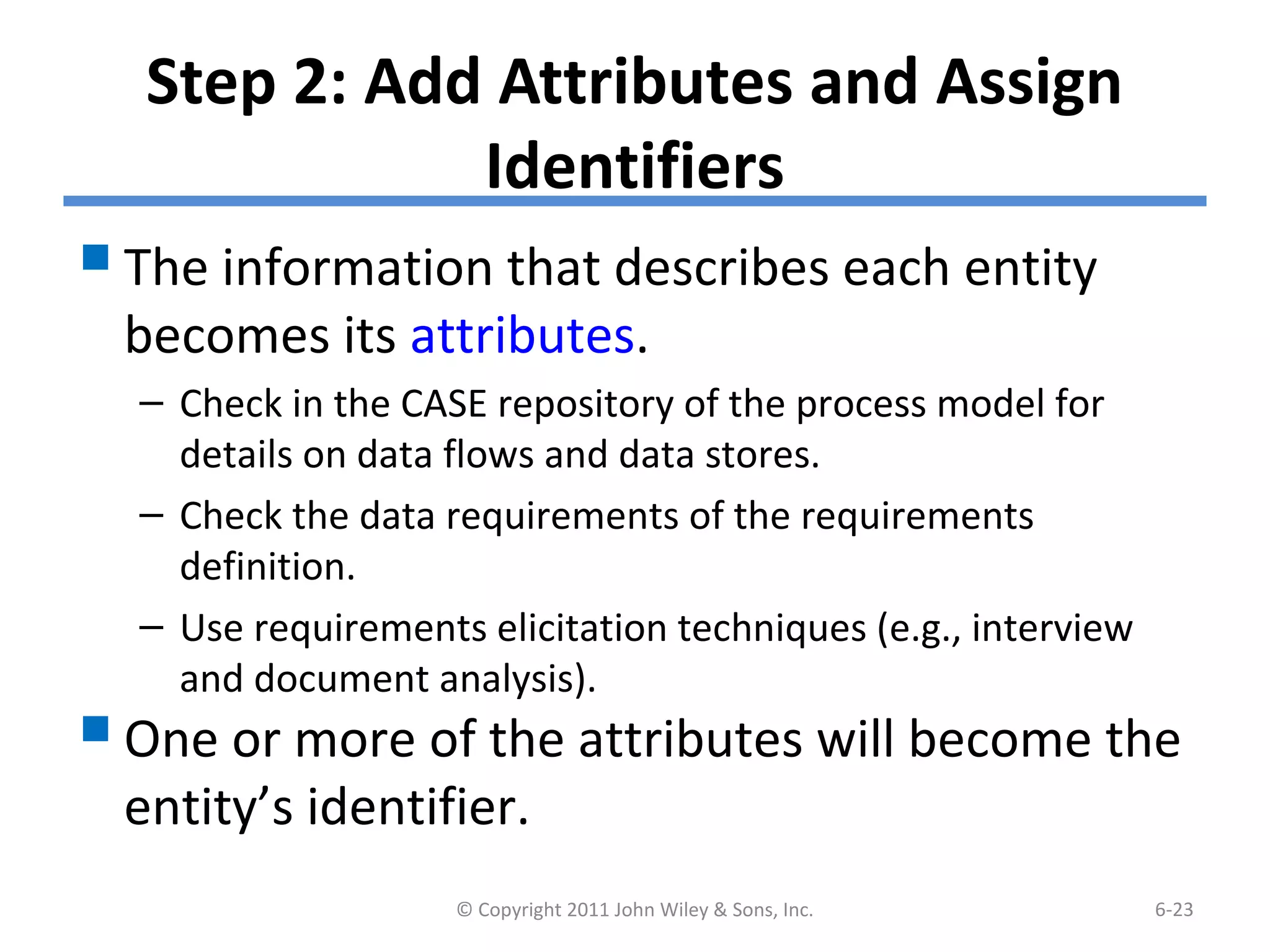 Step 2: Add Attributes and Assign
Identifiers
The information that describes each entity
becomes its attributes.
– Check in the CASE repository of the process model for
details on data flows and data stores.
– Check the data requirements of the requirements
definition.
– Use requirements elicitation techniques (e.g., interview
and document analysis).
One or more of the attributes will become the
entity’s identifier.
© Copyright 2011 John Wiley & Sons, Inc. 6-23
 
