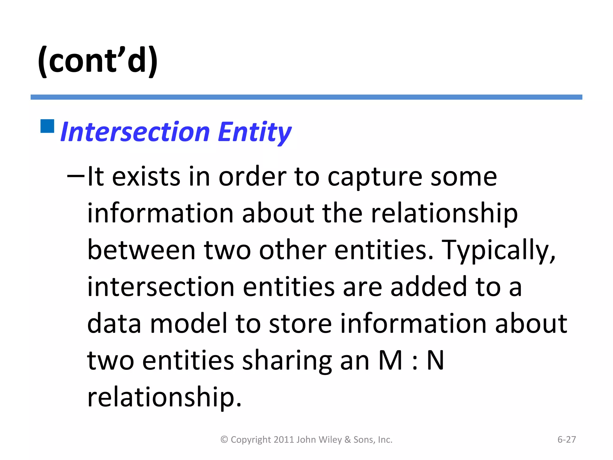 (cont’d)
Intersection Entity
–It exists in order to capture some
information about the relationship
between two other entities. Typically,
intersection entities are added to a
data model to store information about
two entities sharing an M : N
relationship.
© Copyright 2011 John Wiley & Sons, Inc. 6-27
 