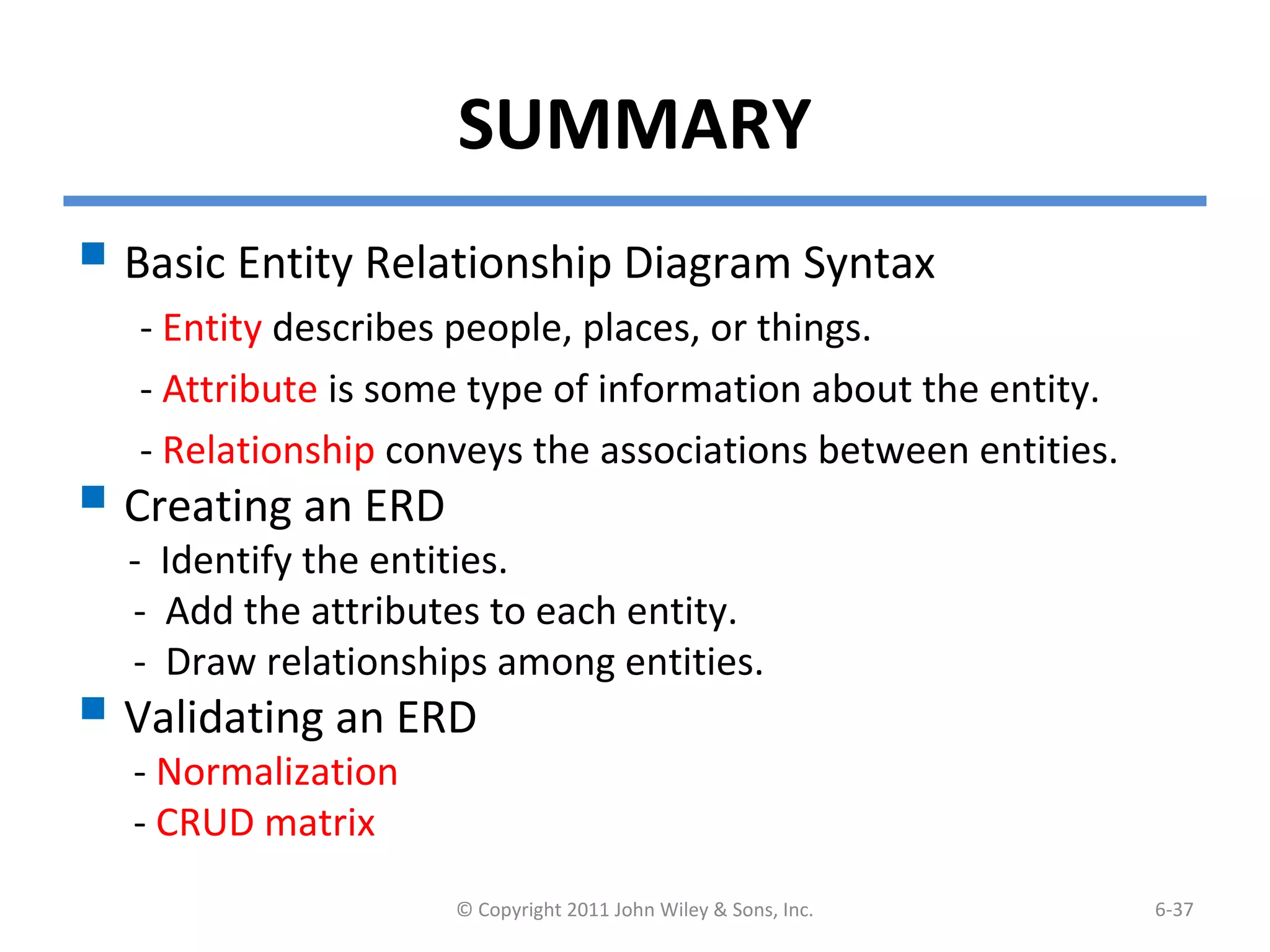 SUMMARY
 Basic Entity Relationship Diagram Syntax
- Entity describes people, places, or things.
- Attribute is some type of information about the entity.
- Relationship conveys the associations between entities.
 Creating an ERD
- Identify the entities.
- Add the attributes to each entity.
- Draw relationships among entities.
 Validating an ERD
- Normalization
- CRUD matrix
© Copyright 2011 John Wiley & Sons, Inc. 6-37
 