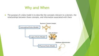 Why and When
 The purpose of a data model is to describe the concepts relevant to a domain, the
relationships between those concepts, and information associated with them
 