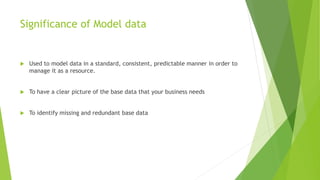 Significance of Model data
 Used to model data in a standard, consistent, predictable manner in order to
manage it as a resource.
 To have a clear picture of the base data that your business needs
 To identify missing and redundant base data
 