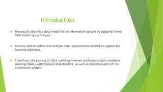 Introduction
 Process of creating a data model for an information system by applying formal
data modeling techniques.
 Process used to define and analyze data requirements needed to support the
business processes.
 Therefore, the process of data modeling involves professional data modelers
working closely with business stakeholders, as well as potential users of the
information system.
 