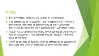 Notes
 By convention, entities are named in the singular.
 The attributes of “Customer” are “Customer No” (which is
the unique identifier or primary key of the “Customer”
entity and is shown by the # symbol) and “Customer Name”.
 “Sale” has a composite primary key made up of the primary
key of “Customer”, the primary key of “Product” and the
date of the sale.
 Think of entities as tables, think of attributes as columns on
the table and think of instances as rows on that table:
 