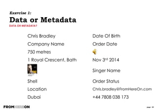 page 30
What Is A Conceptual Data Model?
 A description of a Business (or
an area of the Business) in
terms of the things it needs to
know about.
 The Data things are “entities”
and the “facts about things”
are attributes & relationships.
 It’s a representation of the
“real world”, not a technical
implementation of it
 Should be able to be
understood by Business users
Definition:
A Student is any person who has been admitted to a course, has paid, and has enrolled in one or more
modules within a course. Tutors and other staff members may also be Students
Business Assertions
 A Student enrolls for one or more modules
 A Course can be taught through one or more
Modules
 A Room can be the location of one or more
modules
 A Tutor can be the teacher of one or more
modules
The Other Way?
 A Module is enrolled in by many students
 A Module is an offering within one course
 A Module is located in one room
 A Module is taught by one tutor
Really?
 