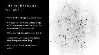 T H E Q U E S T I O N S
W E A S K …
• What kind of things do we deal with?
• For each kind of things, what aspects
of it do we care about? What are the
constraints of these aspects?
• When are two things the same thing?
• As something evolves, when does it
stop being the same thing?
• How do two things relate to each
other?
 