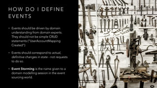 H O W D O I D E F I N E
E V E N T S
• Events should be driven by domain
understanding from domain experts.
They should not be simple CRUD
statements (“UserAccountMapping
Created”)
• Events should correspond to actual,
definitive changes in state - not requests
to do so.
• Event Storming is the name given to a
domain modelling session in the event
sourcing world.
 