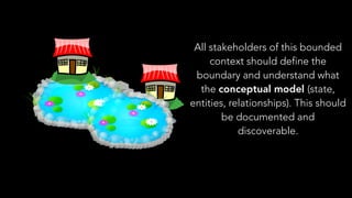 All stakeholders of this bounded
context should define the
boundary and understand what
the conceptual model (state,
entities, relationships). This should
be documented and
discoverable.
 