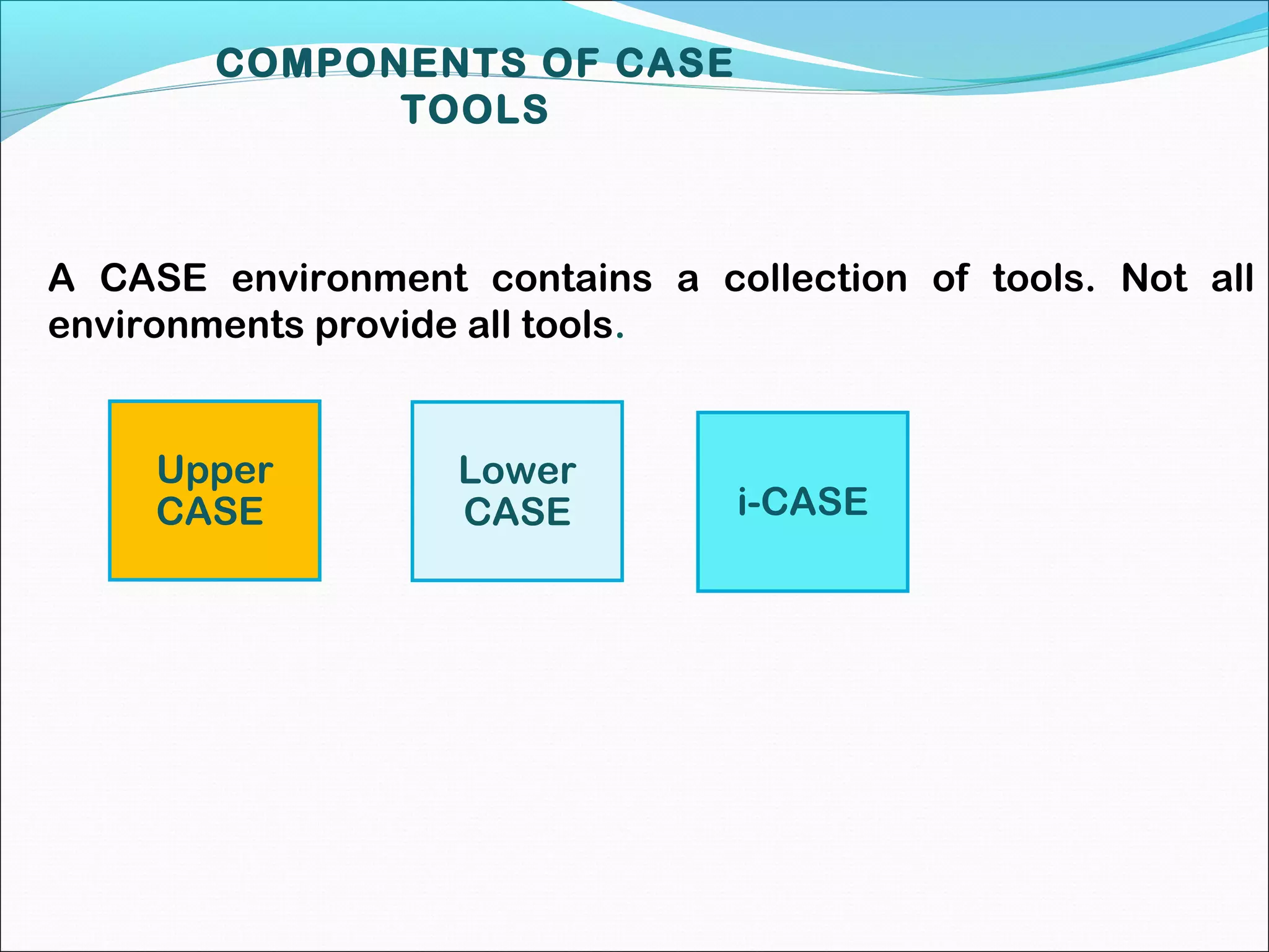 COMPONENTS OF CASE
TOOLS
A CASE environment contains a collection of tools. Not all
environments provide all tools.
Upper
CASE
Lower
CASE i-CASE
 
