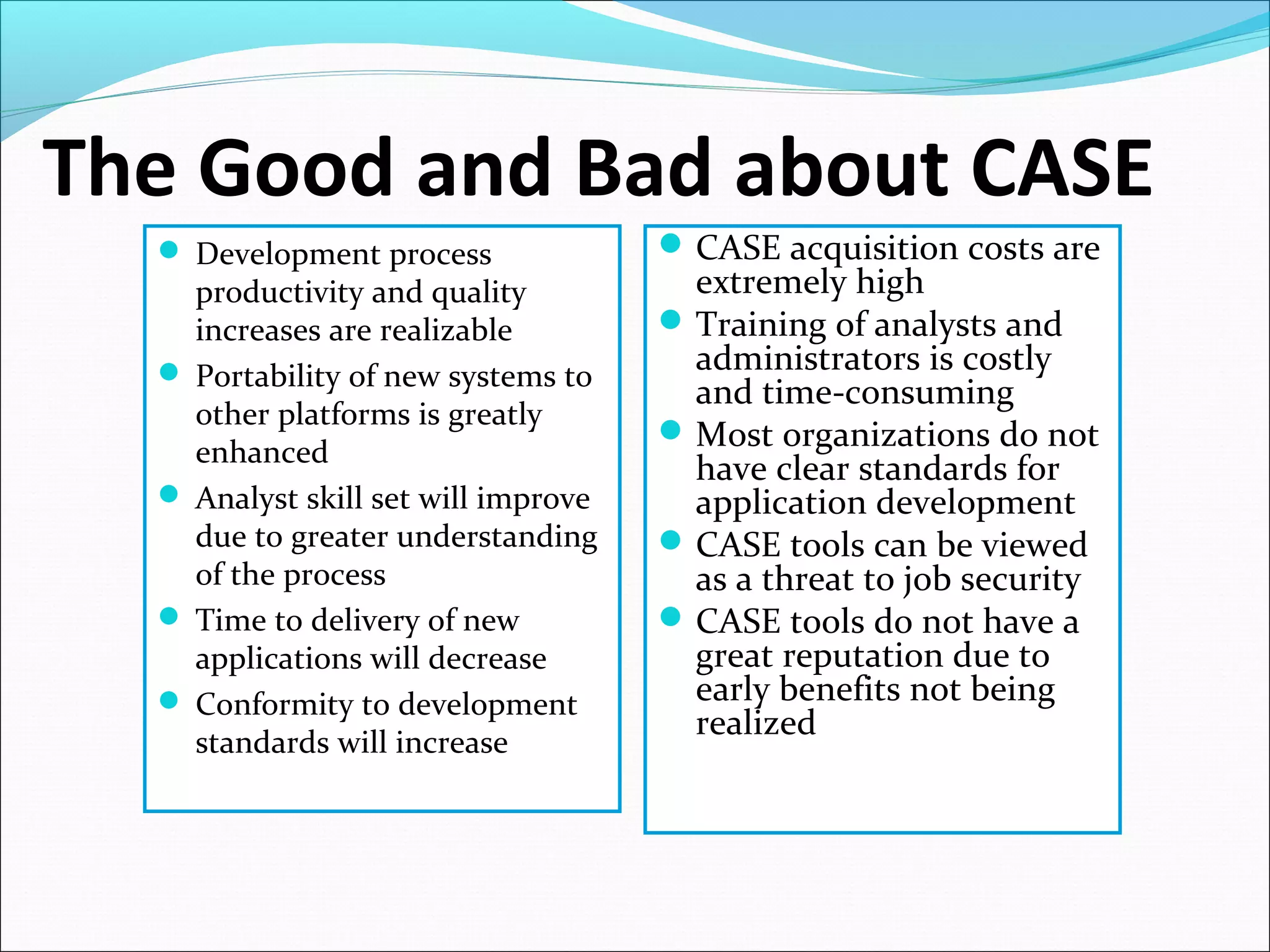 The Good and Bad about CASE
 Development process
productivity and quality
increases are realizable
 Portability of new systems to
other platforms is greatly
enhanced
 Analyst skill set will improve
due to greater understanding
of the process
 Time to delivery of new
applications will decrease
 Conformity to development
standards will increase
CASE acquisition costs are
extremely high
Training of analysts and
administrators is costly
and time-consuming
Most organizations do not
have clear standards for
application development
CASE tools can be viewed
as a threat to job security
CASE tools do not have a
great reputation due to
early benefits not being
realized
 