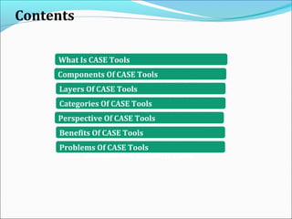 Components Of CASE Tools
Layers Of CASE Tools
Contents
Components Of CASE Tools
What Is CASE Tools
Perspective Of CASE Tools
Benefits Of CASE Tools
Problems Of CASE Tools
Categories Of CASE Tools
 
