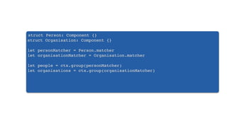 struct Person: Component {}
struct Organisation: Component {}
let personMatcher = Person.matcher
let organisationMatcher = Organisation.matcher
let people = ctx.group(personMatcher)
let organisations = ctx.group(organisationMatcher)
 