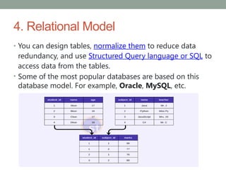 4. Relational Model
• You can design tables, normalize them to reduce data
redundancy, and use Structured Query language or SQL to
access data from the tables.
• Some of the most popular databases are based on this
database model. For example, Oracle, MySQL, etc.
 