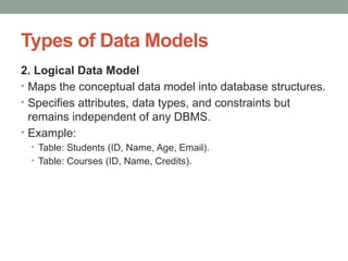 Types of Data Models
2. Logical Data Model
• Maps the conceptual data model into database structures.
• Specifies attributes, data types, and constraints but
remains independent of any DBMS.
• Example:
• Table: Students (ID, Name, Age, Email).
• Table: Courses (ID, Name, Credits).
 