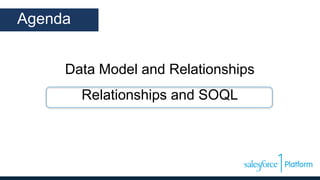 Data Model and Relationships
Relationships and SOQL
Agenda
 