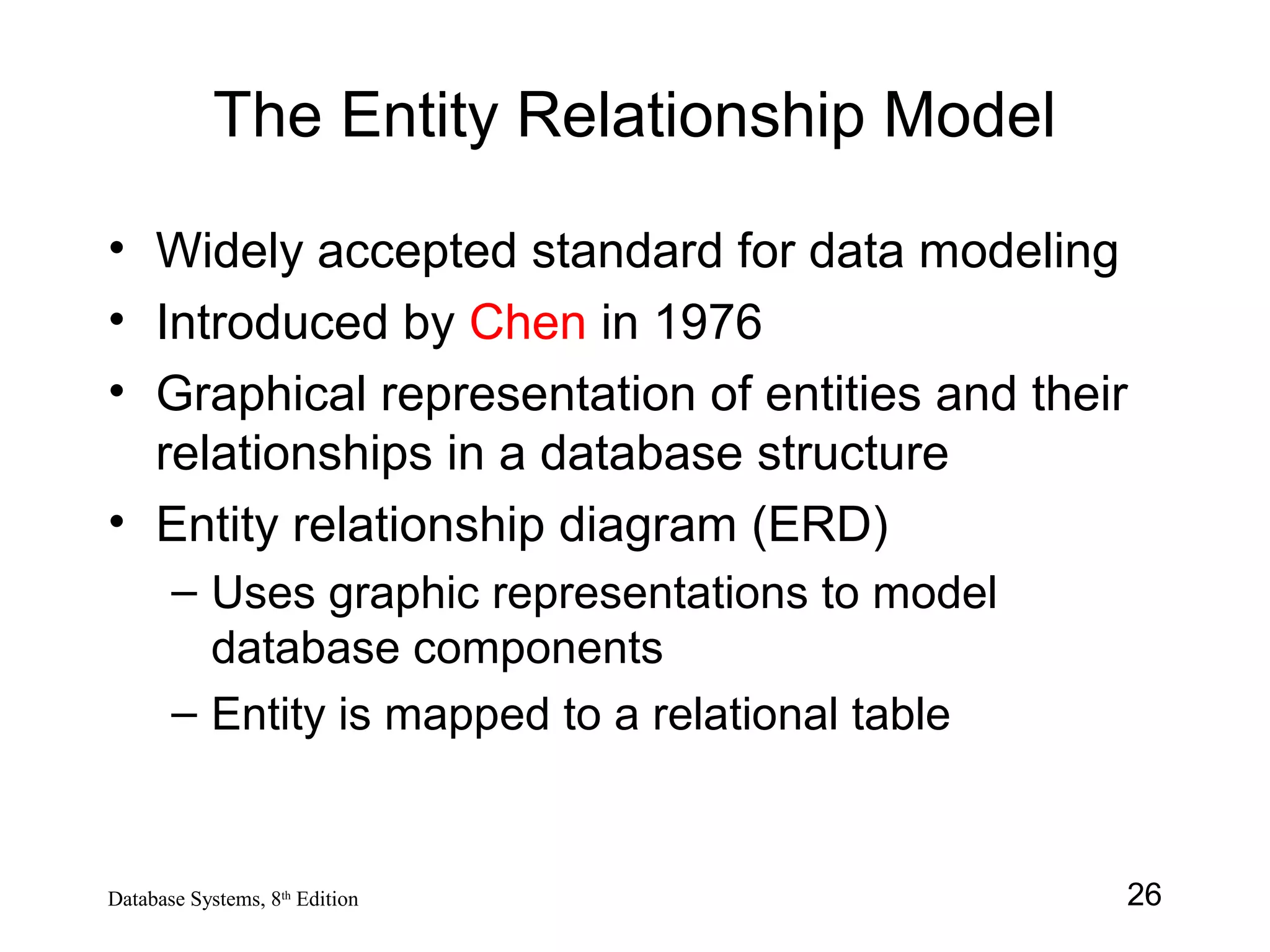 26Database Systems, 8th
Edition
The Entity Relationship Model
• Widely accepted standard for data modeling
• Introduced by Chen in 1976
• Graphical representation of entities and their
relationships in a database structure
• Entity relationship diagram (ERD)
– Uses graphic representations to model
database components
– Entity is mapped to a relational table
 