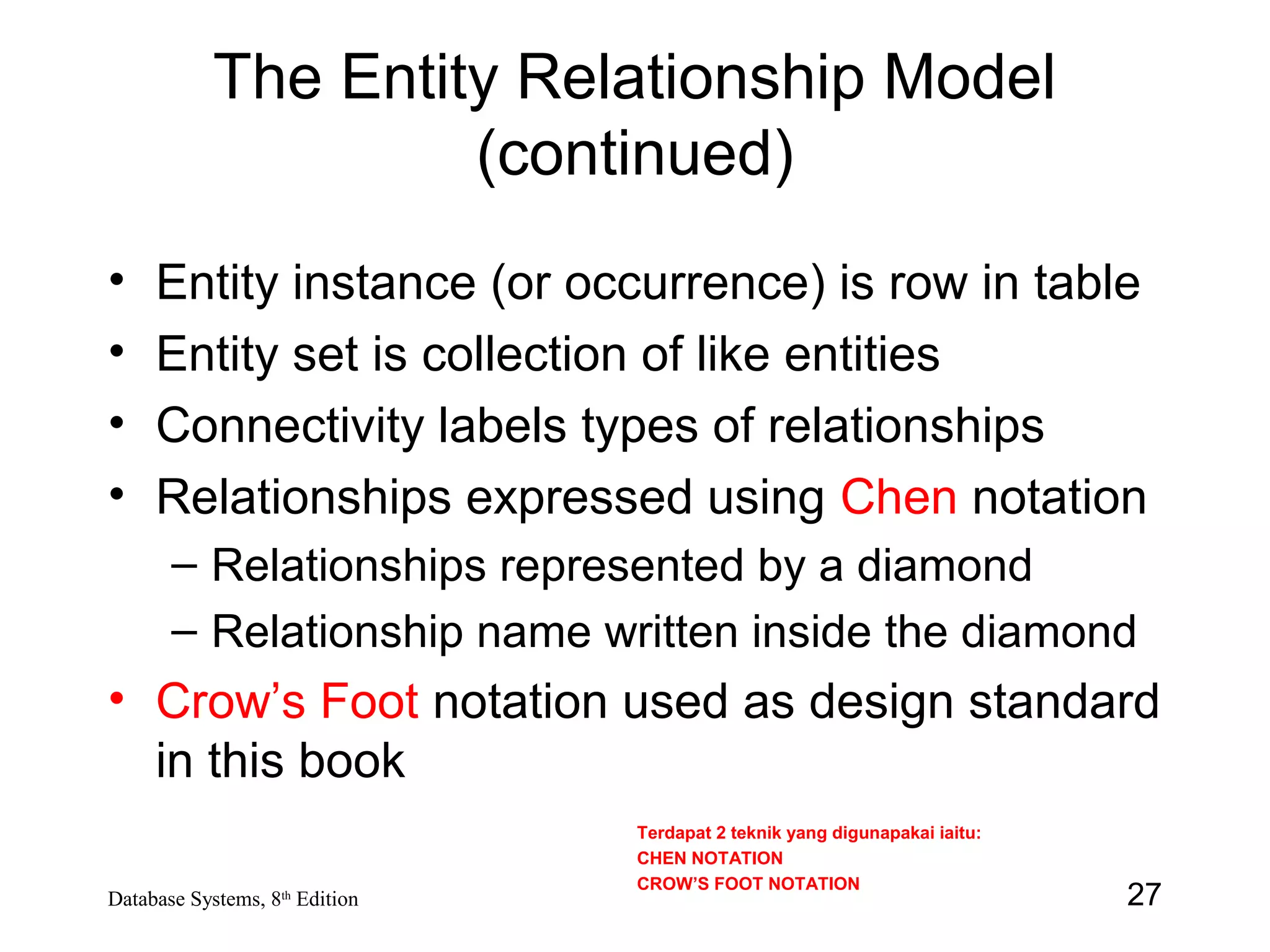 27Database Systems, 8th
Edition
The Entity Relationship Model
(continued)
• Entity instance (or occurrence) is row in table
• Entity set is collection of like entities
• Connectivity labels types of relationships
• Relationships expressed using Chen notation
– Relationships represented by a diamond
– Relationship name written inside the diamond
• Crow’s Foot notation used as design standard
in this book
Terdapat 2 teknik yang digunapakai iaitu:
CHEN NOTATION
CROW’S FOOT NOTATION
 
