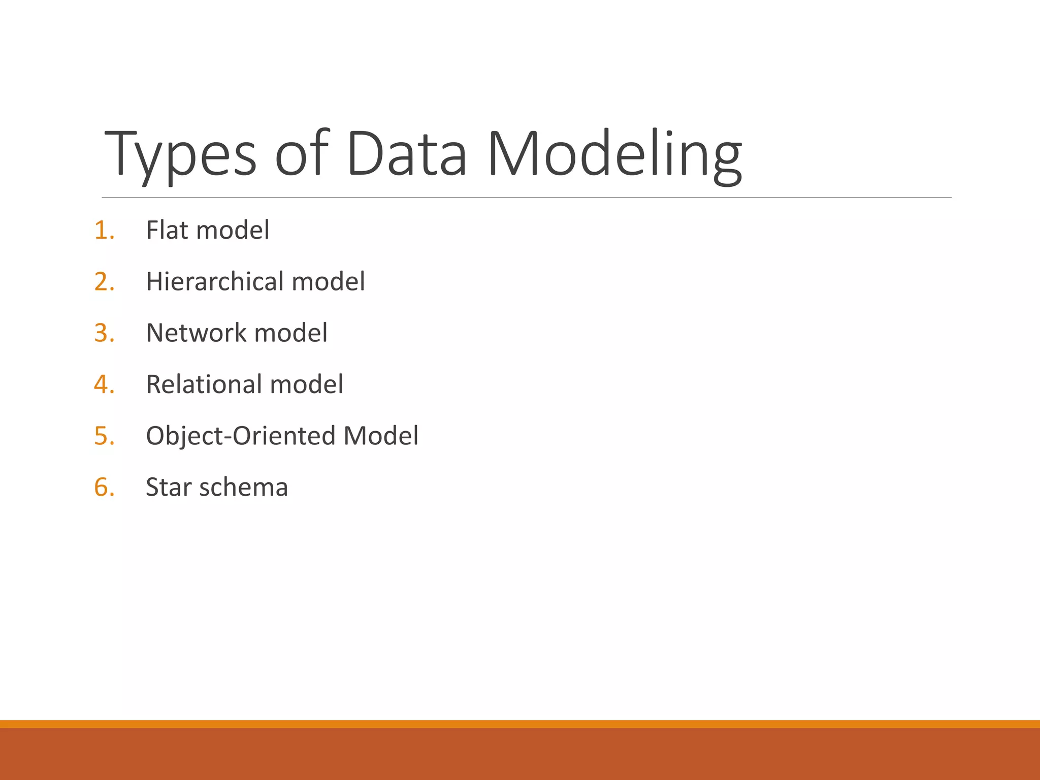 Types of Data Modeling
1. Flat model
2. Hierarchical model
3. Network model
4. Relational model
5. Object-Oriented Model
6. Star schema
 